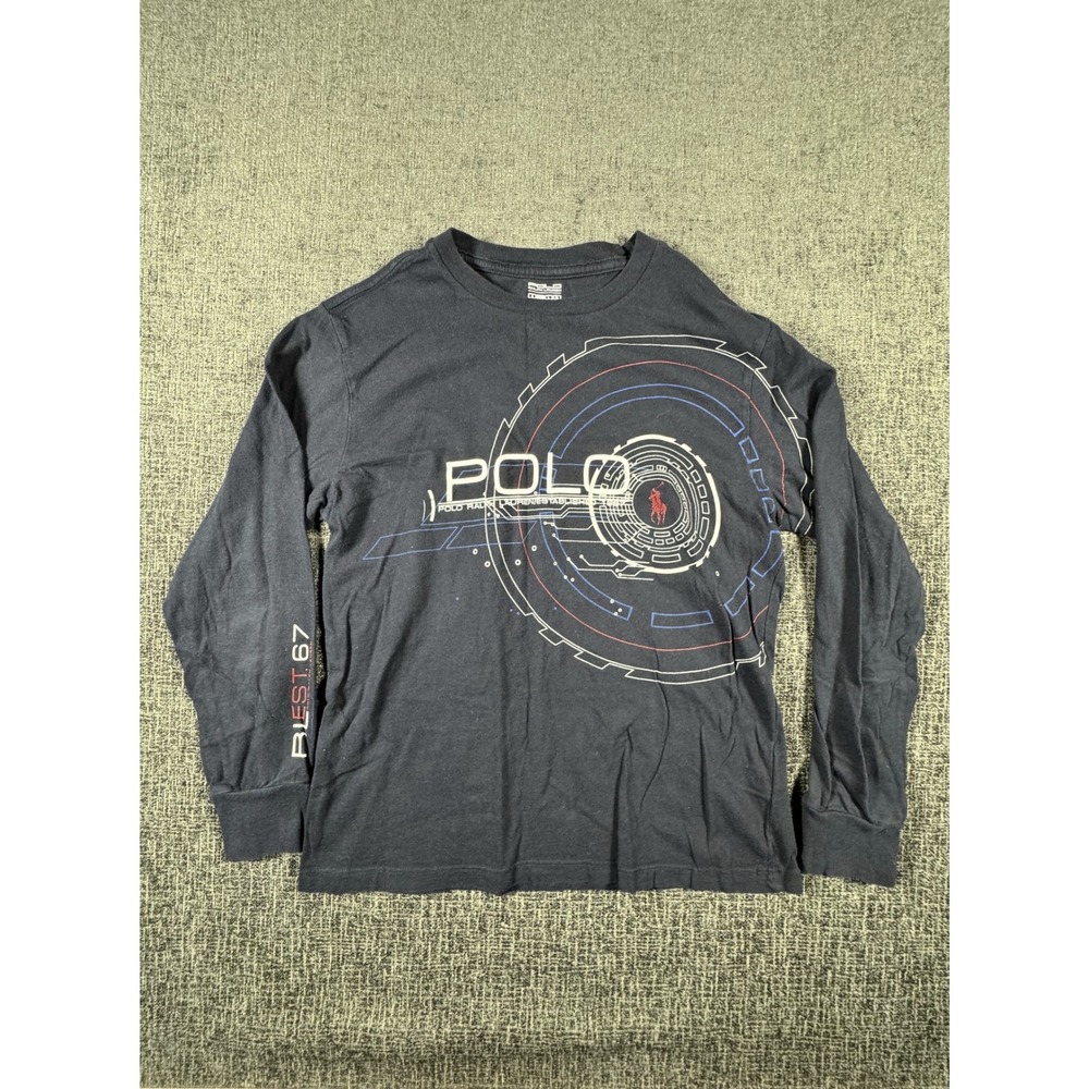 Polo Ralph Lauren Kids Navy Blue Long Sleeve Graphic Tee Shirt RL EST 67 Large